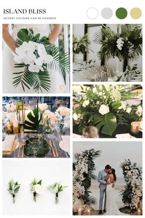 Green White Palette, Tropical Wedding Color Palette, Island Theme Wedding, Wedding By The Beach, Island Style Clothing, Tropical Wedding Theme, Green Themed Wedding, Classy Clothes, White Palette