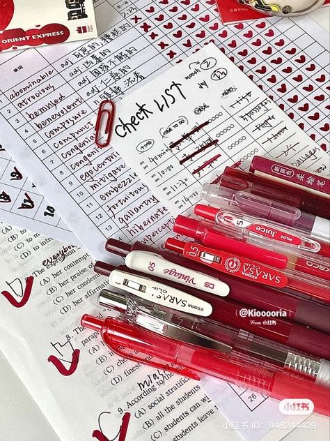 Red Pens Aesthetic, Red Stationary Aesthetic, Red Notes Aesthetic, Red School Supplies Aesthetic, Red Pen Aesthetic, Study Red Aesthetic, Korean School Supplies Aesthetic, Red Study Aesthetic, Stationary Supplies Korean Stationery