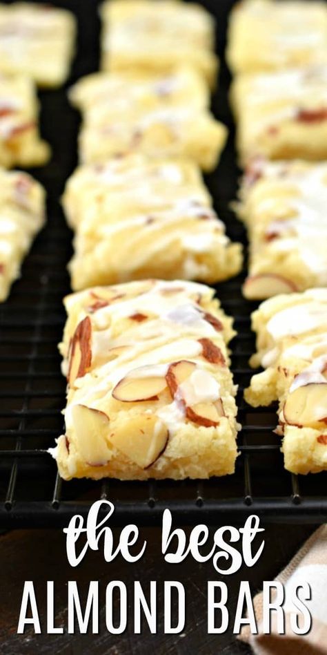 This Almond Bars recipe is a sweet treat that has a shortbread-like texture and a delicious almond glaze on top! You'll want to make extra and freeze them for later! Dinner Recipes With Almonds, Easy Non Perishable Desserts, Eagle Brand Desserts, Good Network Recipes, Snacks To Take On Vacation, Baking With Almonds, Easter Breads Sweet, Popular Cookies Recipes, Large Batch Desserts Sheet Pan