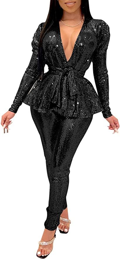 Womens 2 Piece Outfits, Outfit Clubwear, Night Music, Sequin Jumpsuit, Dressy Pants, Shoes Jewelry, 2 Piece, Pants Set, Long Sleeve Tops