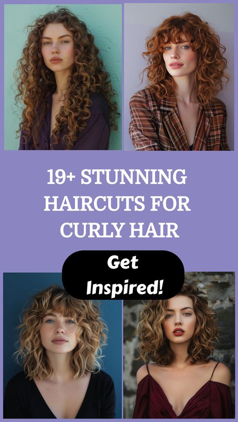 Collage of four women with various curly hairstyles, promoting haircuts for curly hair. Curly Hairstyles Asian Women, Collarbone Curly Haircuts, Haircut Ideas For Wavy Hair For Women, Curly Haircuts Middle Part, U Shape Haircut Curly Hair, Shag 2c Hair, Long Fine Curly Haircuts, Haircuts For Loose Curly Hair, Curly Hairstyles Square Face