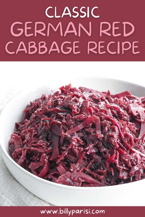 This classic German Red Cabbage Recipe is braised until tender with wine, spices, sugar, and vinegar for an unbelievable vegetable side dish. This is an incredibly popular side item to serve alongside main proteins. It has robust flavors and is a great compliment to any main entrée. You will fall in love with the taste of this amazing cabbage recipe. Cooking Purple Cabbage, German Vegetables, Ancestral Lifestyle, German Red Cabbage, Sweet And Sour Cabbage, German Dishes, Sour Cabbage, German Food Authentic, Red Cabbage Recipes