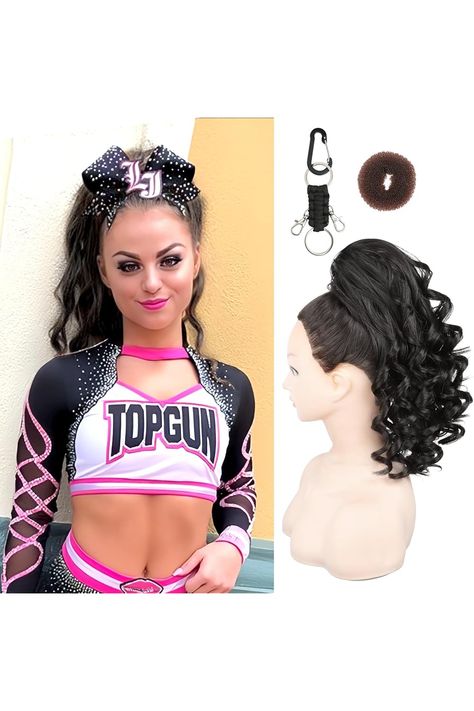 SEIKEA Cheer Ponytail Hair Piece, 12&#34; Black Brown Curly Cheerleader Hairpiece Ponytail Extension for Cheerleader Competition, Dance Cheer High Ponytail, Cheerleader Ponytail, Cheerleader Competition, Cheer Ponytail, Cheer Hairstyles, Ponytail Hair Piece, Competition Dance, Cheer Hair, Hair Strands