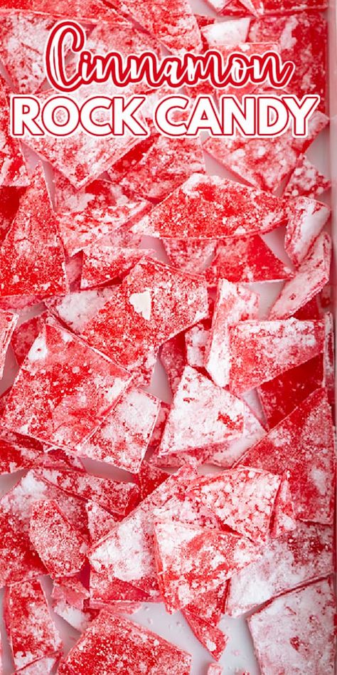 Cinnamon Rock Candy - Cinnamon rock candy (Cinnamon Hard Candy) is one of my favorite flavors and makes an amazing gift at Christmas! It's quick to make and packs a punch of sweet and spicy flavor. I love to color it red since red and cinnamon are always paired. Pop it in a mason jar, put some cute ribbon on it, and you have the perfect gift or just a cute way to store it. #candy #cinnamon #cookiedoughandovenmitt #christmas Cinnamon Rock Candy Recipe, Cinnamon Rock Candy, Hard Christmas Candy, Christmas Rock Candy, Hard Rock Candy, Rock Candy Recipe, Cinnamon Hard Candy, Make Rock Candy, Candy Flavors