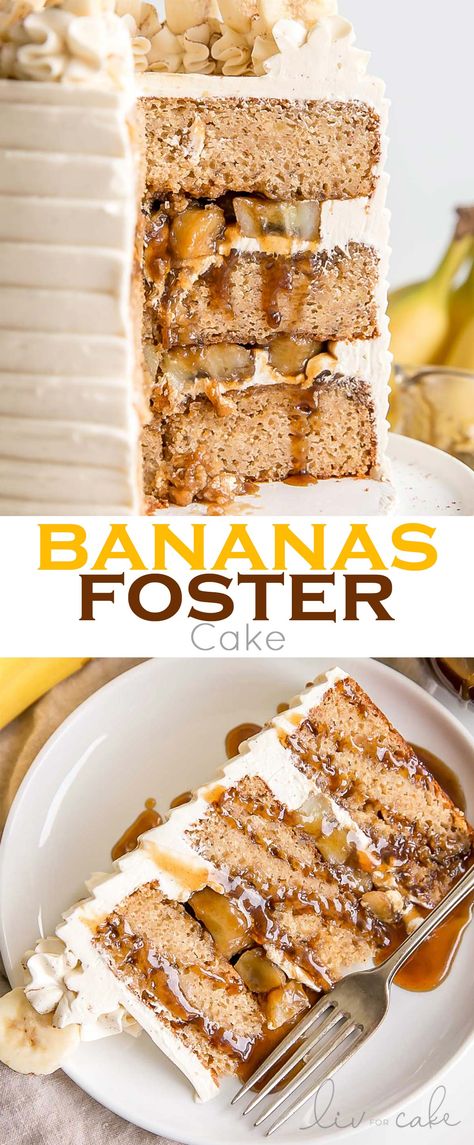 This Bananas Foster Cake transforms a classic dessert into a delicious layer cake! Banana cake layers, bananas foster filling, and vanilla bean buttercream. | livforcake.com Multiple Flavor Cake, Multi Layer Cake Recipes, Best Cake Filling Combinations, Tropical Cake Flavors, Banana Filling For Cake, Unique Cake Flavors And Fillings, Interesting Cake Flavors, Layered Cakes With Filling, Cake Flavors And Fillings Combinations