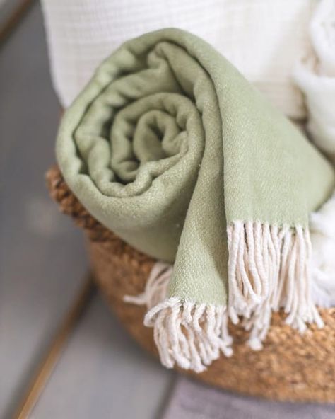 Guest Basket, Hygge Vibes, Berkshire Blanket, Green Throw Blanket, Cozy Hygge, White Throw Blanket, Green Blanket, Green Throw, Cotton Throw Blanket