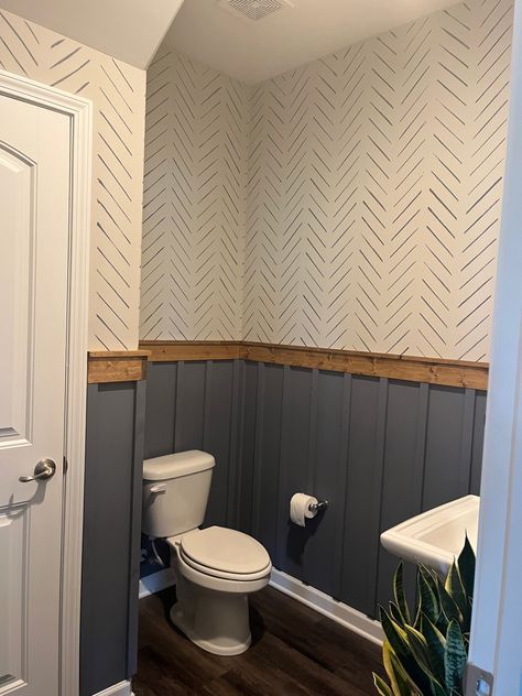 Farmhouse Style Half Bath, Basement Bathroom Inspiration, Half Panel Bathroom Walls, Half Bathroom Ideas Dark Paint, Half Wall Bathroom Wallpaper, Bathroom Color Wall Ideas, Half Bath Cottage Core, Bathroom Paneling And Wallpaper, Half And Half Bathroom Wall