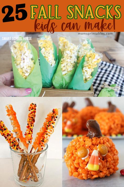 Fall Snacks Kids Can Make | Fall  Snacks for a Party | Fall Snacks for Kids School | Fall Themed Snacks for Kids | 25 FALL SNACKS for kids at Moms Printables! Thanksgiving Theme Snacks For Preschool, Fall Preschool Food Activities, Fall School Treats For Kids, Fall Kids Food Crafts, Thanksgiving Party Ideas For Kids School Snacks, Fall Party For Kindergarten, Fall Snacks For School Party, Fall Snacks For Class Party, Fall Snack Preschool