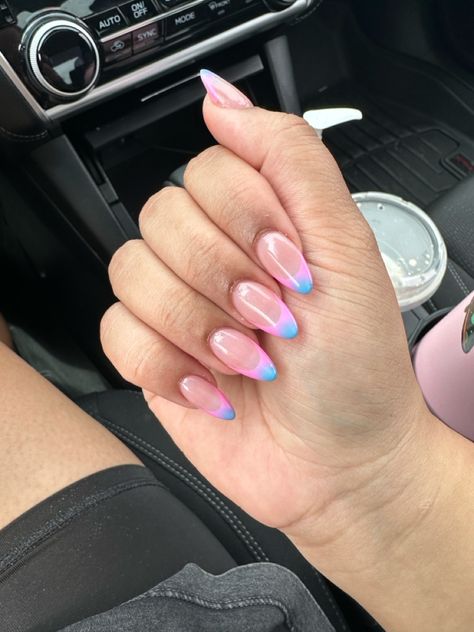 Blue French tips with pink gradient Pink And Blue French Tip Acrylic Nails, Pink Nails Blue Tips, Pink And Blue French Tip Nails Short, Blue French Tip Nails Pink Base, Gradient Blue French Tip Nails, French Tips With Pink, Blue French Tip Nails, Blue French Tip, Blue French Tips