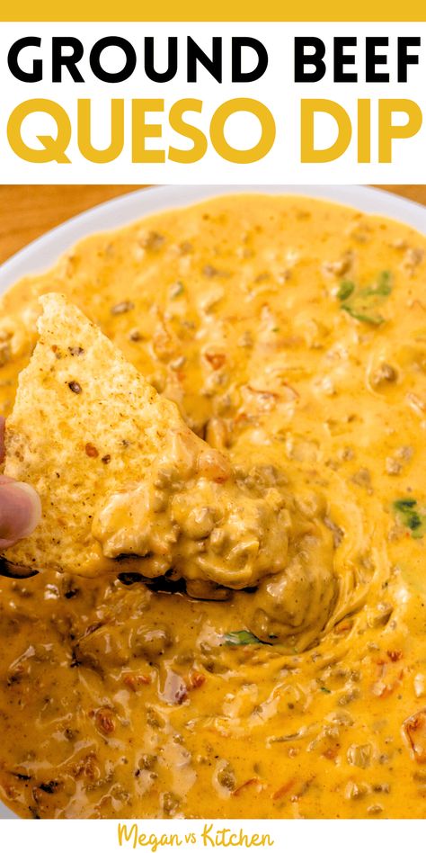 Ground Beef Queso Dip (Slow Cooker & Skillet) Ground Beef And Queso Recipes, Cheese And Ground Beef Dip, Meat Queso Dip, Crockpot Queso Dip Ground Beef, Queso With Ground Beef, Ground Beef Queso Dip, Cheese Dip With Ground Beef, Queso Dip With Ground Beef, Ground Beef Queso