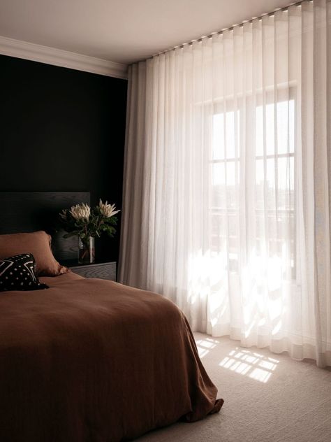 Beige Curtains Dark Walls, Sydney House, Beige Curtains, Harbor House, Est Living, Brown Bedroom, Dark Walls, Brown Walls, Branch Design