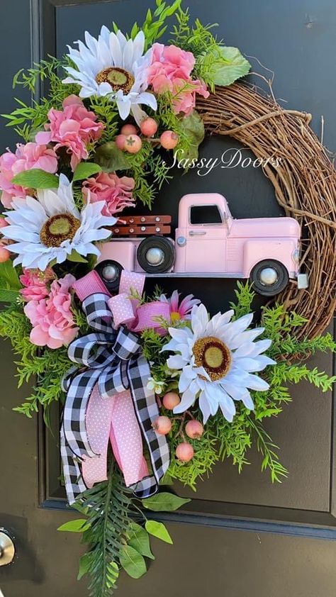 Wreath Ideas Easter, Long Door Wreaths, Summer And Spring Wreaths, Grapevine Wreath Ideas Diy Spring, Spring/summer Wreath Ideas, Pink Spring Wreath, Summer Wreaths For Front Door Farmhouse, Summer Grapevine Wreath Ideas, Spring Wreath For Front Door Diy Easy