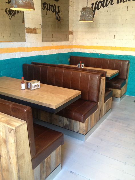 Booth Seating Diy Restaurant Booth, Bar Booth Seating, Diy Booth Seating, Leather Booth Seating, Mad Mex, Bar Booth, Diy Booth, Coffee Shop Tables, Rustic Coffee Shop