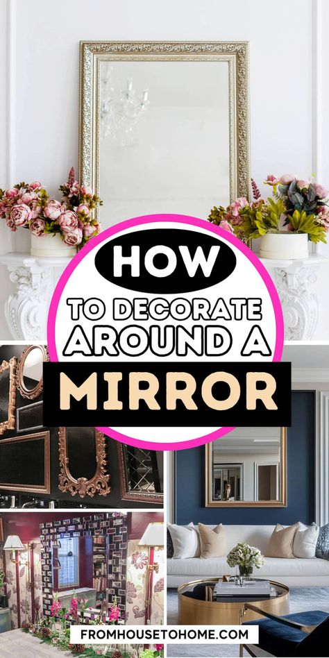 how to decorate around a mirror Wall Decor Using Mirrors, Wall Art Around Mirror, Sides Of Mirror Wall Decor, Mirror And Picture Frame Wall Decor, Farmhouse Mirror Living Room Wall, Wall Decor With Mirrors And Pictures, Walls With Large Mirrors, Art Wall With Mirror, Wall With Mirror Decor Ideas