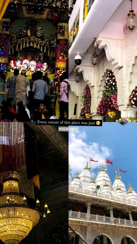 Every corner of this place was just 😘 Iskon temple juhu Photos In Temple, Mathura Vrindavan Caption, Shegaon Temple Snap, Dusshera Instagram Story, Caption For Mandir Photos, Temple Quotes For Instagram, Radhe Krishna Iskon Temple, Vridhavan Aesthetic, Banke Bihari Vrindavan Snap