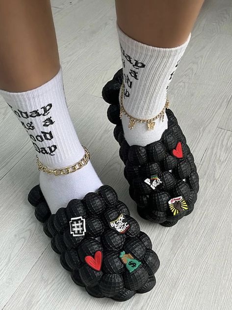 Cool Crocs, Bedazzled Shoes Diy, Bedazzled Shoes, Bubble Slides, Slides Outfit, Fluffy Shoes, Cute Slides, Flip Flops For Women, Crocs Fashion