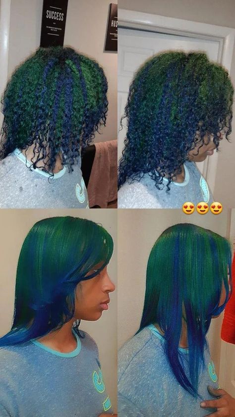 Emerald Green Locs Black Women, Turquoise Natural Hair, Blue And Green Dyed Hair, Dyed Curly Hair Ideas Colour Blue, Peekaboo Hair Color Green, Weird Hair Colors, Green Natural Hair, Blue Peekaboo Hair, Curly Dyed Hair Natural Curls