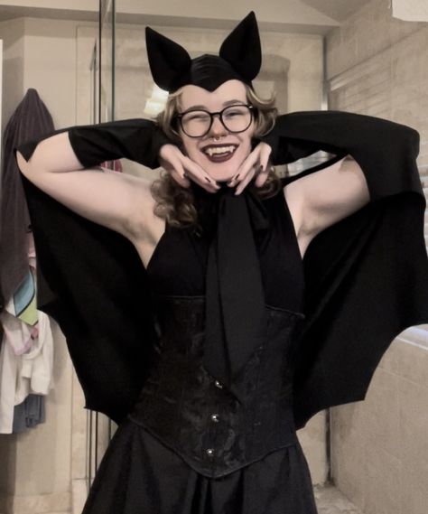 literally my favorite costume i have ever put together Bat Costume Woman, Bat Halloween Costume Makeup, Vintage Bat Halloween Costume, Bat Halloween Costume Women, Vintage Bat Costume, Bat Bonnet, Bat Costume Women's, Bat Costume Makeup, Warm Costume Ideas