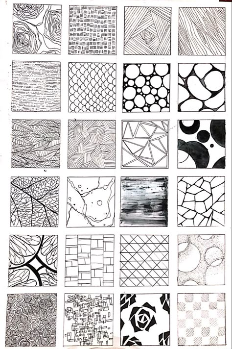 Textures And Patterns Drawing, Texture Drawing Ideas Patterns, Visual Texture Art, Visual Texture Drawing, Different Types Of Texture Drawing, Ink Patterns, Texture Art Drawing, Triangle Pattern Design, Line Movement Art