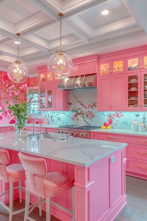 Pink House Interior, Pink Kitchen Ideas, Peach Sunset, Pink Elements, Preppy House, Barbie Dreamhouse, Deco Rose, Pink Stuff, Pink Living Room