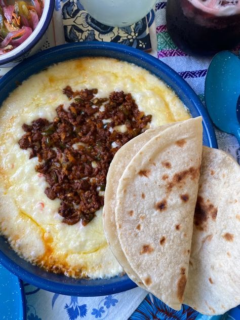 Queso Fundido!! - La Piña en la Cocina Mexican Queso Fundido Recipe, Queso Flameado Recipe Chorizo, Chorizo Fundido Dip, Homemade Queso Fundido, Queso Flameado Recipe, Flameado Recipe, Queso Fundido With Chorizo, Queso Flameado, Queso Fundido Recipe