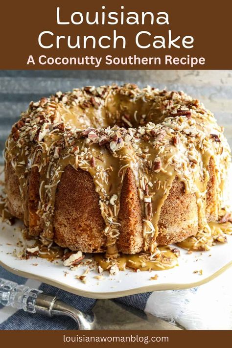 Louisiana Crunch Cake is a moist, buttery pound cake with a sugary coating on the outside, drizzled with a cane sugar glaze and topped with lots of crunchy toasted coconut flakes and pecans. Mile High Pound Cake Recipe, French King Cake Recipe, Cajun Cake Recipe, Louisiana Crunch Cake, Buttery Pound Cake, Southern Cakes, Cake Bundt, Louisiana Woman, Coconut Pound Cakes