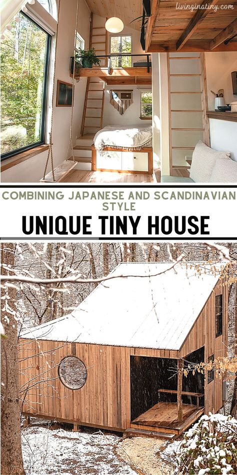 While the dark side of the house has a Japanese-inspired decoration, the long and bright side reflects Scandinavian inspirations. #tinyhouse #tinyhouseplans #tinyhouseliving #tinyhomes #modularhomes #concepthomes Japanese Tiny House Design, Japanese Style Tiny House, Tiny House Japan, Shelter Design, Tiny House Living, Tiny House Plans, Updating House, Modular Homes, The Dark Side