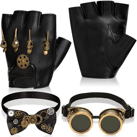 PRICES MAY VARY. Steampunk Costume Accessories: you will receive 1 pair of steampunk goggles,1 piece of steampunk gears bowtie, and 1 pair of gothic fingerless mittens, which are nice combinations to meet your steampunk make up needs Comfortable Materials: black leather steampunk gloves are made of leather, embellished with metal gear accessories, the steampunk glasses is made of ABS plastic, and vintage steampunk bowtie is made of polyester embellished with alloy gear charms, you can use them w Gothic Steampunk Outfits, Diy Steampunk Accessories, Diy Steampunk Costume, Halloween Costumes Steampunk, Steampunk Accessories Diy, Steam Punk Accessories, Steampunk Fashion Diy, Modern Steampunk Fashion, Steampunk Costume Women