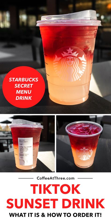 Layered Starbucks Drinks, Starbucks Refresher Secret Menu Drinks, Alcoholic Starbucks Drinks, Starbucks Secret Refreshers, Sunset Drink Starbucks, Starbucks Green Tea Drinks Recipes, Starbucks Secret Menu Refreshers, Best Summer Starbucks Drinks, Sunset Refresher Starbucks