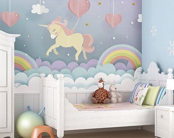 Etsy :: Your place to buy and sell all things handmade Unicorn Wall Mural, Rectangle Bedroom, Room Murals, Kindergarten Wallpaper, Wallpaper Room, Dream Wallpaper, Unicorn Bedroom, Kids Room Murals, Girls Playroom