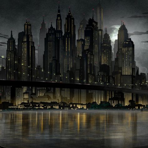 Batman Gotham City, Art Deco City, Dark Deco, Male Oc, City Vibes, Dark City, Batman Comic Art, City Vibe, Matte Painting