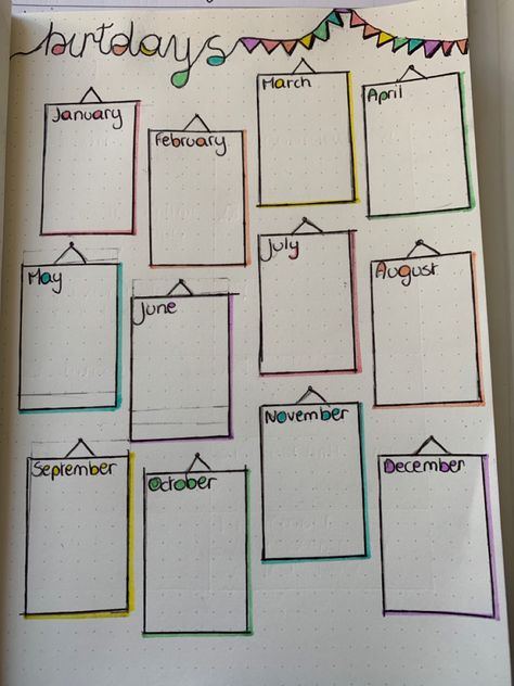 This is an idea for a birthday calander with super nice colors :) Diary Ideas Birthday, Bday Calendar Ideas, Diy Birthday Tracker, Birthday Dairy Ideas, Birthday Page Journal, Happy Birthday Journal Ideas, Bujo Birthday Spread, Birthday Calendar Ideas, Calander Design Ideas