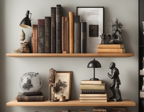 It's The Decor Masculine Shelf Styling, Bookshelf On Wall, Shelf Fillers, Bedroom Masculine, Unique Bookshelf, Unique Bookshelves, Wall Bookshelves, Male Man, Bookshelf Decor