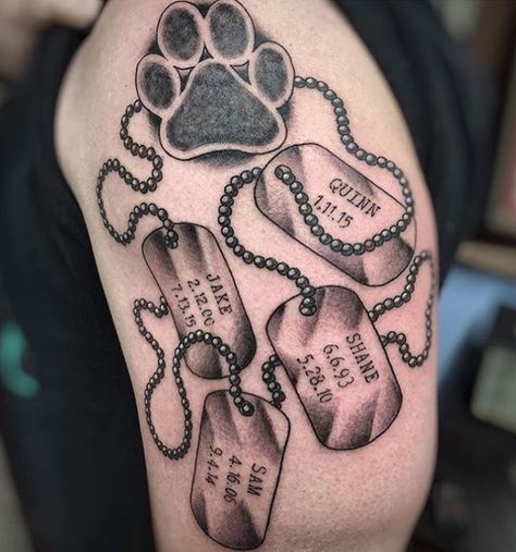 50+ Best Dog Memorial Tattoo Ideas – Page 2 – The Paws Dog Momento Tattoos, Dogs Tattoo Ideas For Women, Dog Collar Tattoo Memorial, Memorable Dog Tattoos, Dog Names Tattoo Ideas, Dog Memorial Tattoos Men, Dog Memorial Tattoos With Name, Dog Paw Tattoo For Men, Dog Print Tattoos