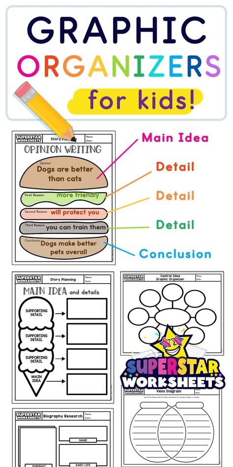 Free printable Graphic organizers and graphic organizer templates for kids. Teachers can use our PDF graphic organizing writing template to help students to compare and contrast, outline cause and effect, and create story maps.  Our simple graphic organizer printables will help your students organize their writing into beginning-middle-end story sequences, and provide a framework for building opinion, narrative, or informational writing.   #studyhacks #notetaking #freeprintables Opinion Writing Graphic Organizer Free, Compare And Contrast Graphic Organizer, Essay Graphic Organizer, Paragraph Graphic Organizer, Graphic Organizer For Writing, Story Organizer Writing, Graphic Organizers For Writing, Main Idea Graphic Organizer Free, Writing Outline Templates