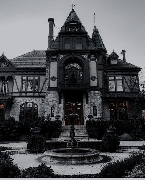 Gothic Victorian House Aesthetic, Vampire Aesthetic House, Dark Academia Victorian House, Vampire House Exterior, Gothic Style Mansion, Gothic Modern House Exterior, Villain House Aesthetic, Dark Acedamia House Exterior, Casper House Aesthetic