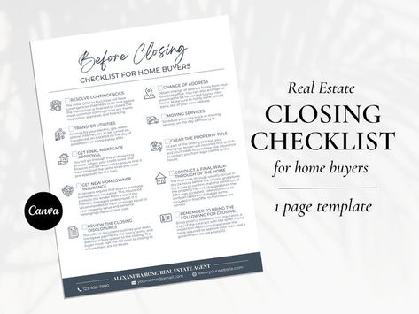 Real estate closing checklist for first time home buyers. Perfect for realtors and agents to use on closing day or during final walk-through. Homeowner Checklist, Closing Checklist, Real Estate Checklist, Listing Presentation Real Estate, Real Estate Closing, Closing Day, Listing Presentation, Realtor Marketing, Checklist Template