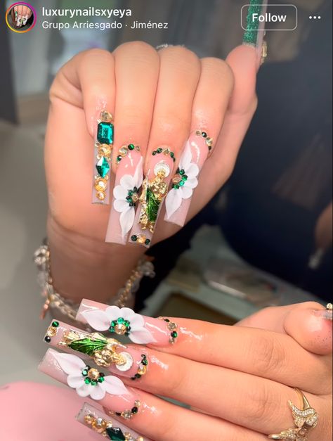 San Judas Nails, Emerald Green Nails, Mexican Nails, Quince Nails, Quinceanera Nails, Emerald Nails, Aqua Nails, Tapered Square Nails, Long Acrylic Nail Designs