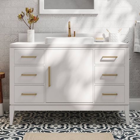 allen + roth Greer 48-in White Semi-recessed Single Sink Bathroom Vanity with White Engineered Stone Top in the Bathroom Vanities with Tops department at Lowes.com Bathroom 48 Inch Vanity Ideas, Bathroom Vanity 48 Inch Single Sink, 48 Inch Bathroom Vanity Single Sink White, Bathroom Vanity Ideas Single Sink, 48 Inch Vanity Bathroom Ideas, White Bathroom Vanity Gold Hardware, 60 Inch Bathroom Vanity Single Sink, Semi Recessed Bathroom Sink, White Vanity Gold Hardware