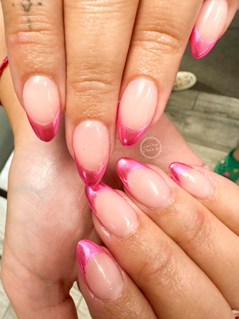 Pink Chrome French Tip Nails, Pink Chrome French, Hot Pink Chrome, Chrome French Tip Nails, Chrome French Tip, Chrome French, Teen Nails, Pink Chrome Nails, Pink Chrome