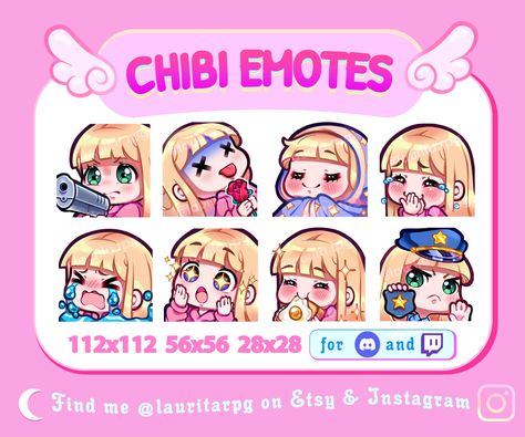 Excited Chibi, Text Emotes, Excited Girl, Chibi Emotes, Skin Pack, Emote Twitch, Blonde Hair With Bangs, Straight Blonde Hair, Chibi Anime Kawaii