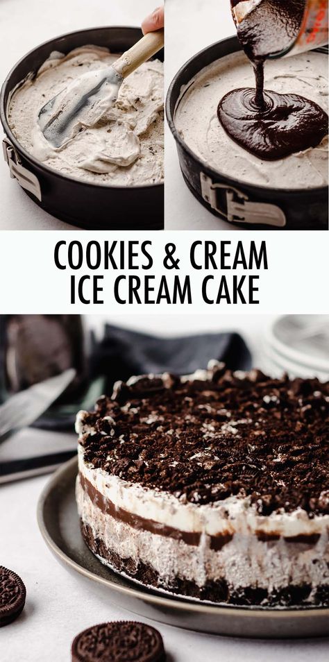 Make your own easy layered ice cream cake at home with store-bought ice cream, gooey hot fudge, creamy whipped cream topping, and plenty of Oreos in each bite. via @frshaprilflours Layered Ice Cream Cake, Cookies And Cream Ice Cream, Whipped Cream Topping, Oreo Ice Cream Cake, Homemade Ice Cream Cake, Cake At Home, Ice Cream Cake Recipe, Cream Ice Cream, Ice Cream Treats