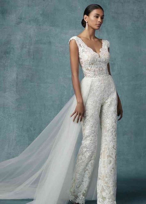 Where can I get a jump on this beautiful jumpsuit?!?! Ceremony or Afterparty? Jumpsuit Wedding Dress, Wedding Dress Jumpsuit, White Wedding Gown, Wedding Pants, Graduation Party Dresses, Detachable Train, Maggie Sottero Wedding Dresses, Women Bride, Bridal Jumpsuit