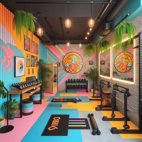 7 Personal Training Studio Design Ideas: Create Your Dream Gym Colorful Workout Room, Basement Gym Paint Colors, Colorful Gym Aesthetic, Gym Paint Ideas, Home Gym Colors, Home Gym Paint Ideas, Home Gym Colors Paint, Gym Color Palette, Training Studio Design