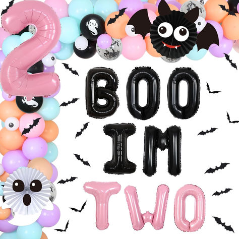 Pastel Halloween 2nd Birthday Decorations for Girls, Boo I'm Two Balloons Garland Arch Kit with Bat Ghost Paper Fans, Bats Wall Stickers, Halloween Theme 2nd Birthday Party Supplies #ad #booimtwo #booim2 #booimtwobirthdayparty #booim2birthdayparty #2ndbirthday #2ndbirthdaypartyideas #2ndbirthdaypartysupplies #2ndbirthdaypartythemes #girlsbirthdaypartyideas #girlsbirthdaypartythemes #halloween #halloweenparty #halloweenbirthdayparty Boo Im Two, 2nd Birthday Decorations, Halloween Birthday Decorations, Halloween Balloons Decorations, Halloween Themes Decorations, Girls Birthday Party Themes, Anniversary Party Decorations, Stickers Halloween, Pastel Halloween