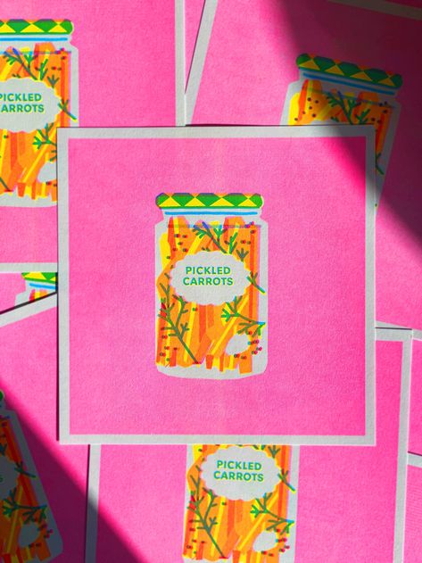 riso print for pickled food or cooking lovers! Cute retro-style illustration of a pickled carrots jar with spices and herbs. The fluo pink really brighten the composition. Printed locally in three colours: aqua, yellow and fluo pink on 200 gr paper. Every print may presents slight differences because of the Riso printing technique, which is what make them uniques. Marseille, Risograph Illustration, Risograph Design, Pickled Carrots, Cooking Lover, Riso Print, Risograph Print, Afro Art, Female Body