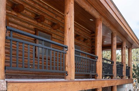 Modern Log Cabin Exterior Front Porches, Log Cabin Porches And Decks, Cabin Porch Railing Ideas, Log Cabin Porch Railing, Cedar Front Porch Railing, Log Railing Ideas, Log Cabin Railing Ideas, Log Cabin Decks, Outside Porch Railing Ideas