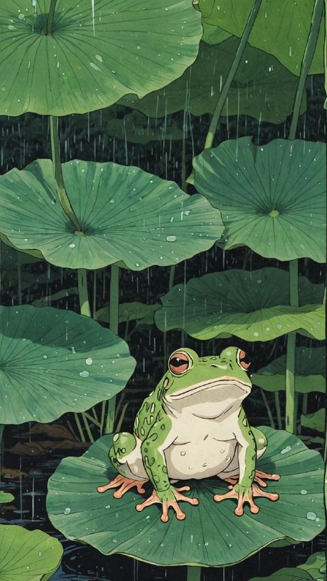 Gardener Drawing, Lily Pad With Frog Drawing, Frog On A Lilly Pad Drawing, Frog On A Log Drawing, Lilypad Art, Ghibli Scenery, Lily Pad Drawing, Log Drawing, Frogs On Lily Pads