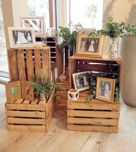 GG's apples crates available to hire for your wedding day. Use as props and place images, flowers or other accessories. Crate Decor, Apple Crate, Gypsophila Wedding, Wedding Photo Display, Rural Wedding, Apple Crates, 50th Party, Family Wedding, Pallet Table