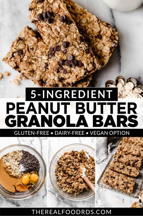 Soft baked peanut butter granola bars studded with chocolate chips in step-by-step photo instructions. High Protein Kids Snacks, Granola Maison Healthy, Healthy Peanut Butter Granola, Easy Homemade Granola Bars, Peanut Butter Granola Bars, Homemade Granola Bars Healthy, Homemade Granola Healthy, Real Food Dietitians, Chocolate Chip Granola Bars